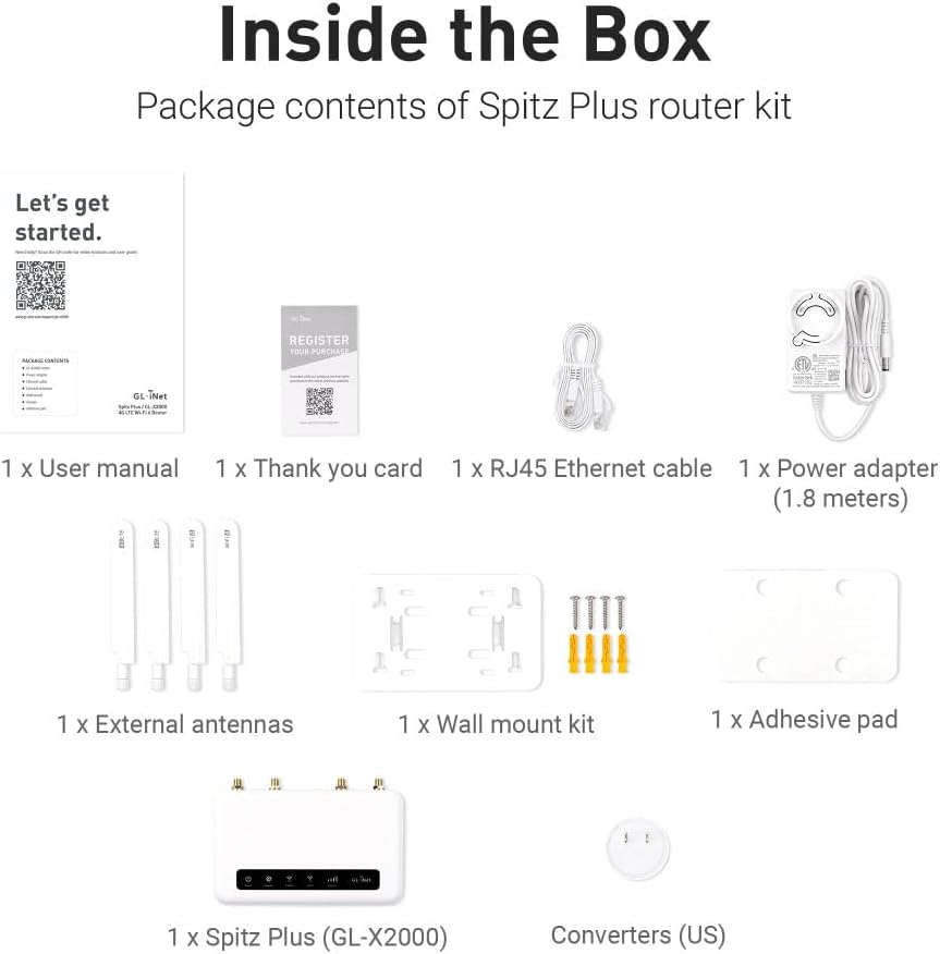 GL-X2000(Spitz Plus) Cellular Gateway 4G LTE Router for Home, RV, Road trips, Offices, CAT 12, Wifi 6 Router, Detachable Antennas, Dual-SIM, T-Mobile & AT&T IoT Certified, OpenVPN, WireGuard (NA Only)