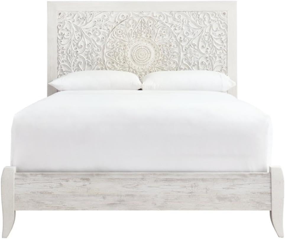 BOWERY HILL Coastal Engineered Wood Queen Panel Headboard, 58' H x 63' W x 3' D, Whitewash Finish, Carved Medallion Design, Durable Bedroom Furniture for Queen Beds