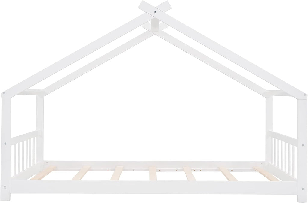 JIVOIT Twin Size Wood House Bed, Solid Wood Tent Bed Canopy Bed Frame with Roof Design, Twin Floor Bed with Wood Slats Support, No Box Spring Needed(White-Twin-Pinewood)