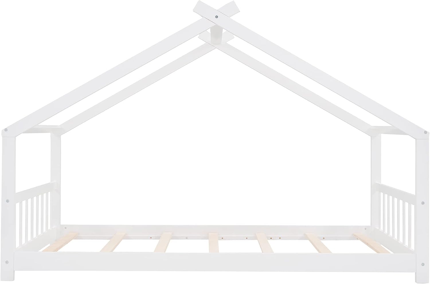 JIVOIT Twin Size Wood House Bed, Solid Wood Tent Bed Canopy Bed Frame with Roof Design, Twin Floor Bed with Wood Slats Support, No Box Spring Needed(White-Twin-Pinewood)