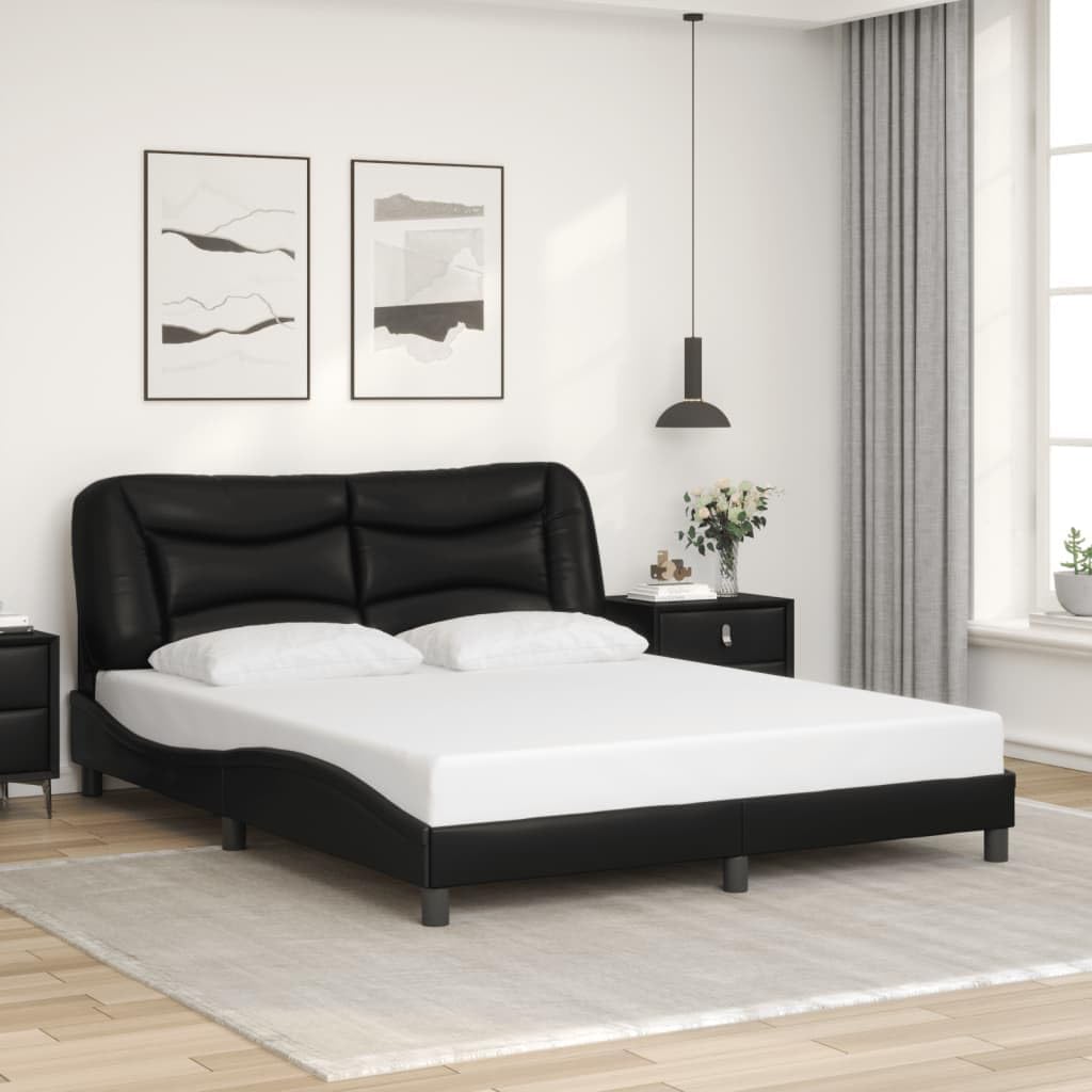 Faux Leather Queen Platform Bed Frame with Headboard Black 59.8'x79.9' Modern Waved Design Sturdy Wooden Slats for Bedroom Furniture