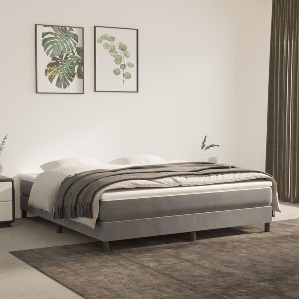 Light Grey Velvet Upholstered King Size Bed Frame with Sturdy Engineered Wood and Plywood Structure Minimalist Design for Bedroom Furniture Comfortable Height Elegant Style