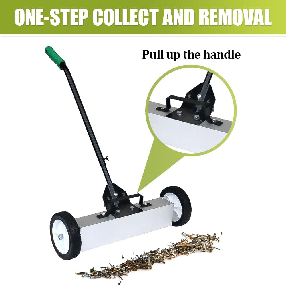 Rolling Magnetic Sweeper Push-Type Magnetic Pick Up Sweeper with Wheels Large Durable Magnet Pickup Lawn Sweeper Length-adjustable Handle Easy Cleanup Tool for Garage Construction Yard (36inch)