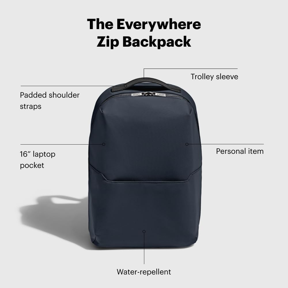 Away The Everywhere Zip Backpack - Personal Item Airline Approved Backpack with 16' Padded Laptop Sleeve, Water Bottle Pocket, Interior and Exterior Pockets - Fits Up to 16-Inch Laptops - Navy Blue