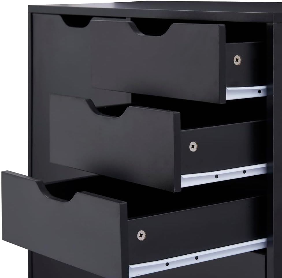Naomi Home Rolling Storage Cabinet with 5 Drawers & Side Cabinet, Engineered Wood Organizer with Shelves, Handle-Free Design & Swivel Casters for Home Office, Kids Room & Entryway - Black