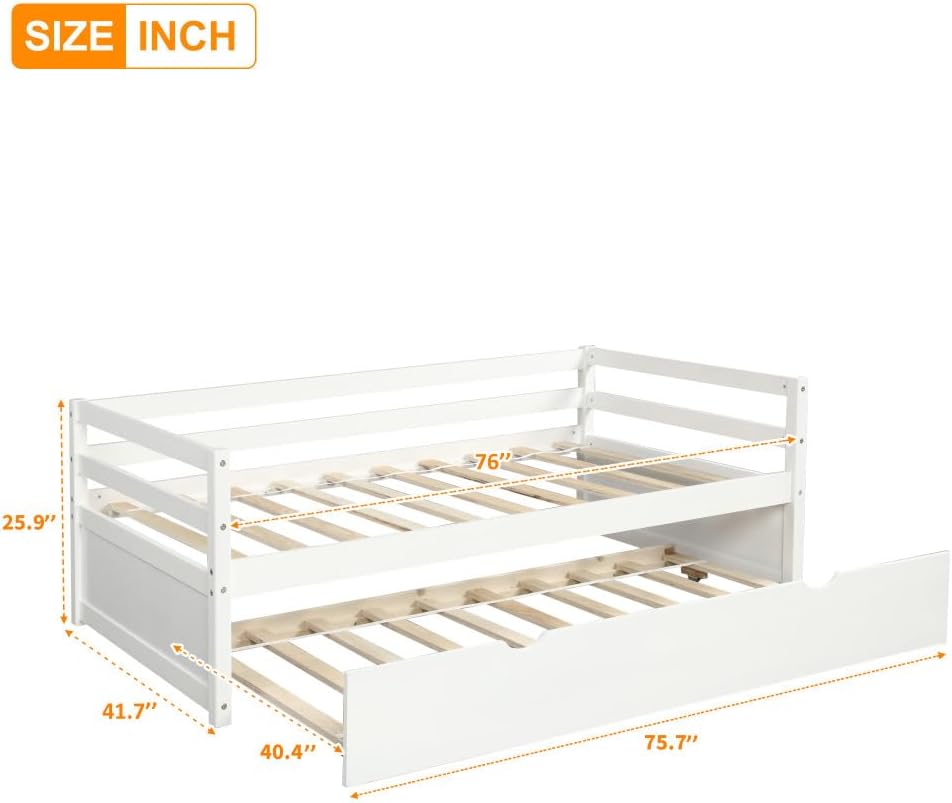 Twin Daybed with Trundle Frame Set in White, Solid Pine Wood Construction for Kids Room or Guest Bedroom (White + Pine + Twin)