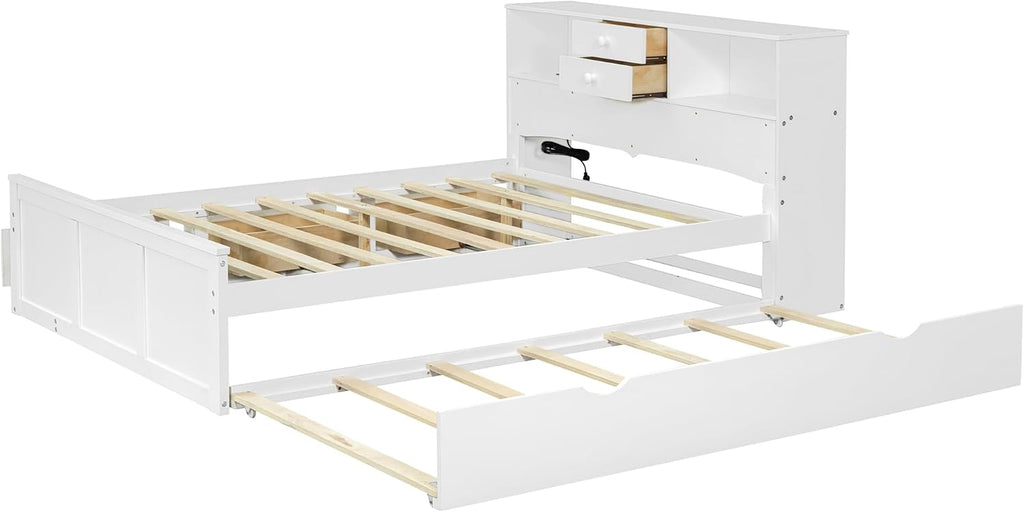 Full Size Wooden Platform Bed Frame with 3 Drawers, Upper Shelves, Twin Size Trundle and a set of USB Ports & Sockets, No Box Spring Needed, Easy to Assemble, Bedroom Furniture, Noise-Free, White