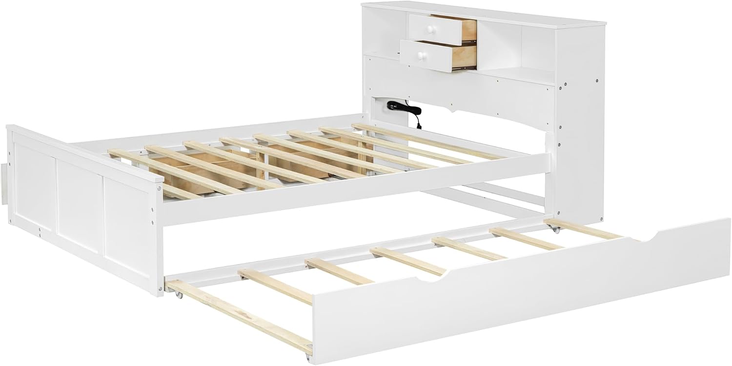 Full Size Wooden Platform Bed Frame with 3 Drawers, Upper Shelves, Twin Size Trundle and a set of USB Ports & Sockets, No Box Spring Needed, Easy to Assemble, Bedroom Furniture, Noise-Free, White