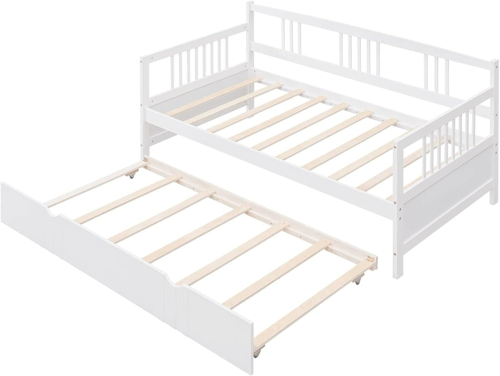 Twin Metal Platform Bed Frame, White Bed Set Solid Wood Bohemian Sofa Bed with Slats Daybed with Trundle for Teen Adult Bedroom Living Room