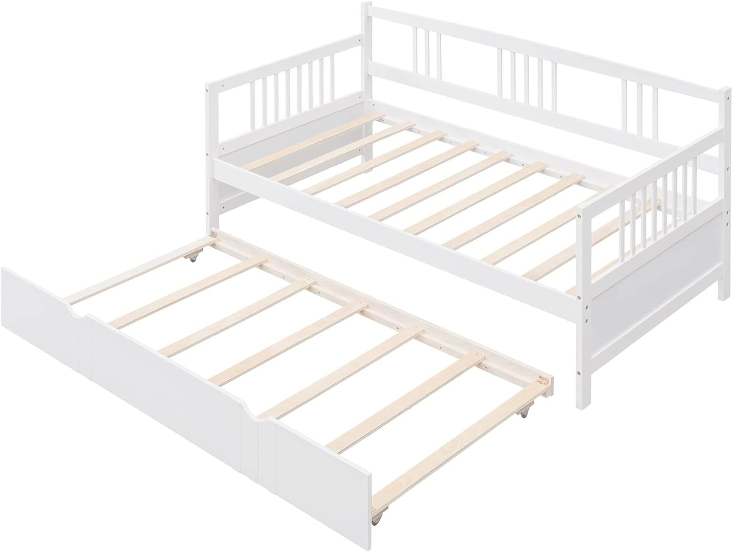 Twin Metal Platform Bed Frame, White Bed Set Solid Wood Bohemian Sofa Bed with Slats Daybed with Trundle for Teen Adult Bedroom Living Room