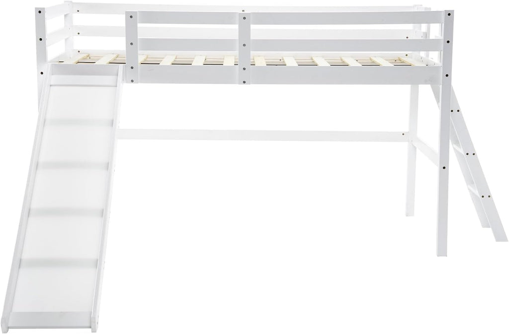 VINGLI Loft Bed with Slide, Twin Space Saving Kids Low Loft with Guardrail and Ladder, Pine Wood and Sturdy Single Bed Frame for Boys and Girls, White