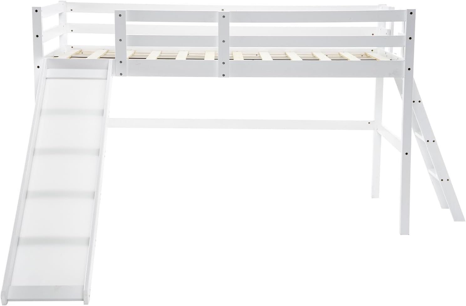 VINGLI Loft Bed with Slide, Twin Space Saving Kids Low Loft with Guardrail and Ladder, Pine Wood and Sturdy Single Bed Frame for Boys and Girls, White