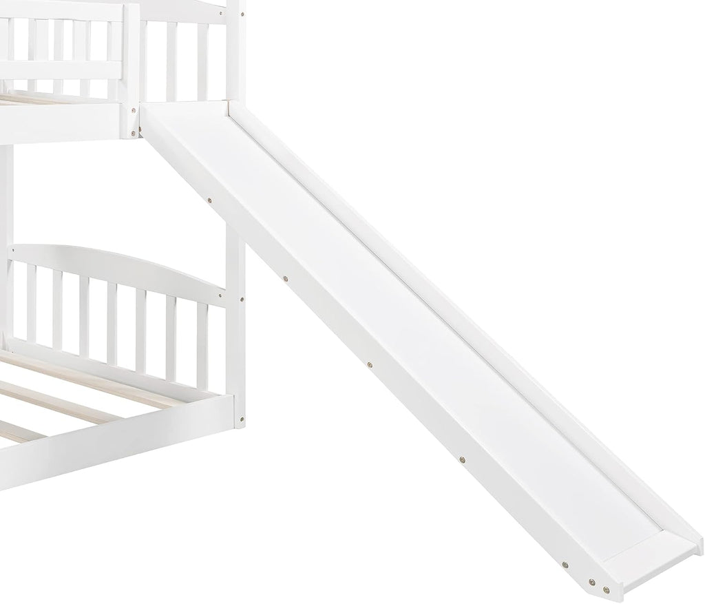 KLMM Twin Over Twin Bunk Bed for Kids Toddlers, House Bunk Bed Farm with Storage Steps and Slide Ladder Roof Guardrail for Girls/Boys, No Spring Box Required (White-Wood)