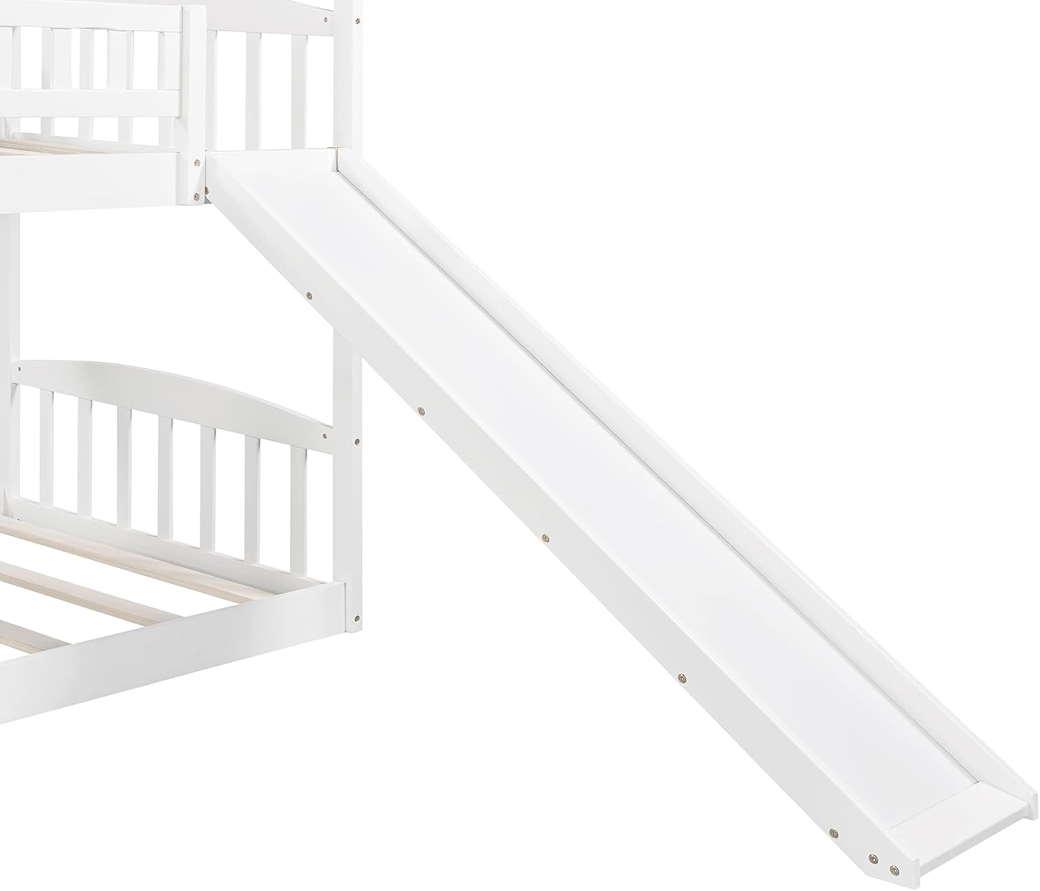 KLMM Twin Over Twin Bunk Bed for Kids Toddlers, House Bunk Bed Farm with Storage Steps and Slide Ladder Roof Guardrail for Girls/Boys, No Spring Box Required (White-Wood)