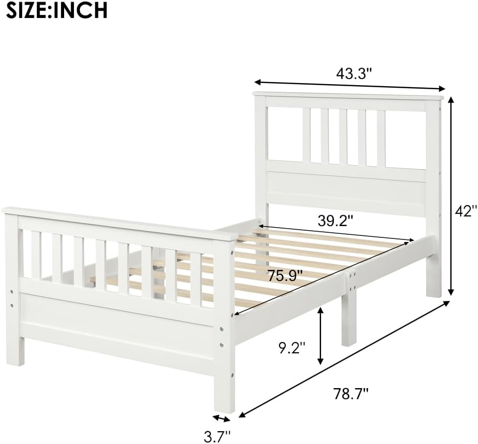 Sturdy Wooden Platform Bed Frame with Integrated Headboard and Footboard for Supportive, Minimalist Bedroom Setup (White + Pine + Twin)