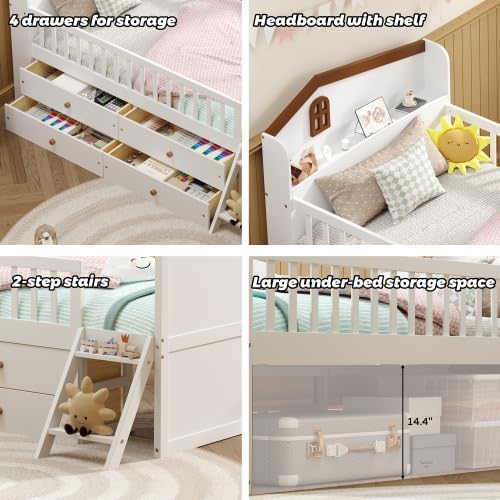 Bellemave Kids Platform Bed with Guardrail Headboard and Ladder, Twin Size Wooden Bed Frame with 4 Drawers for Boys Girls, White