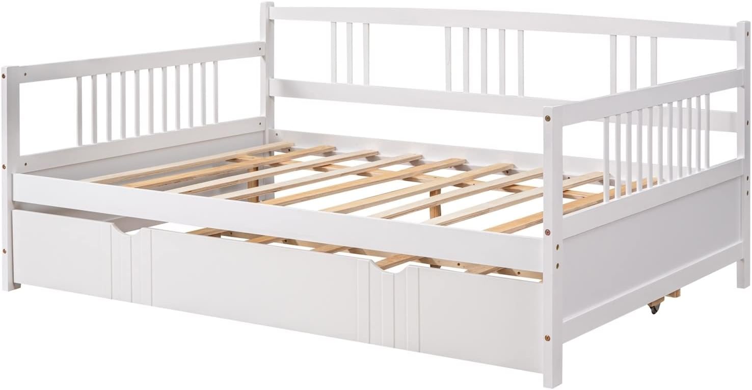 Full Size Trundle Bed, Full Size Bed Frame White Solid Wood Bohemian Sofa Bed with Metal Slats Daybed for Teen Adult Bedroom Living Room