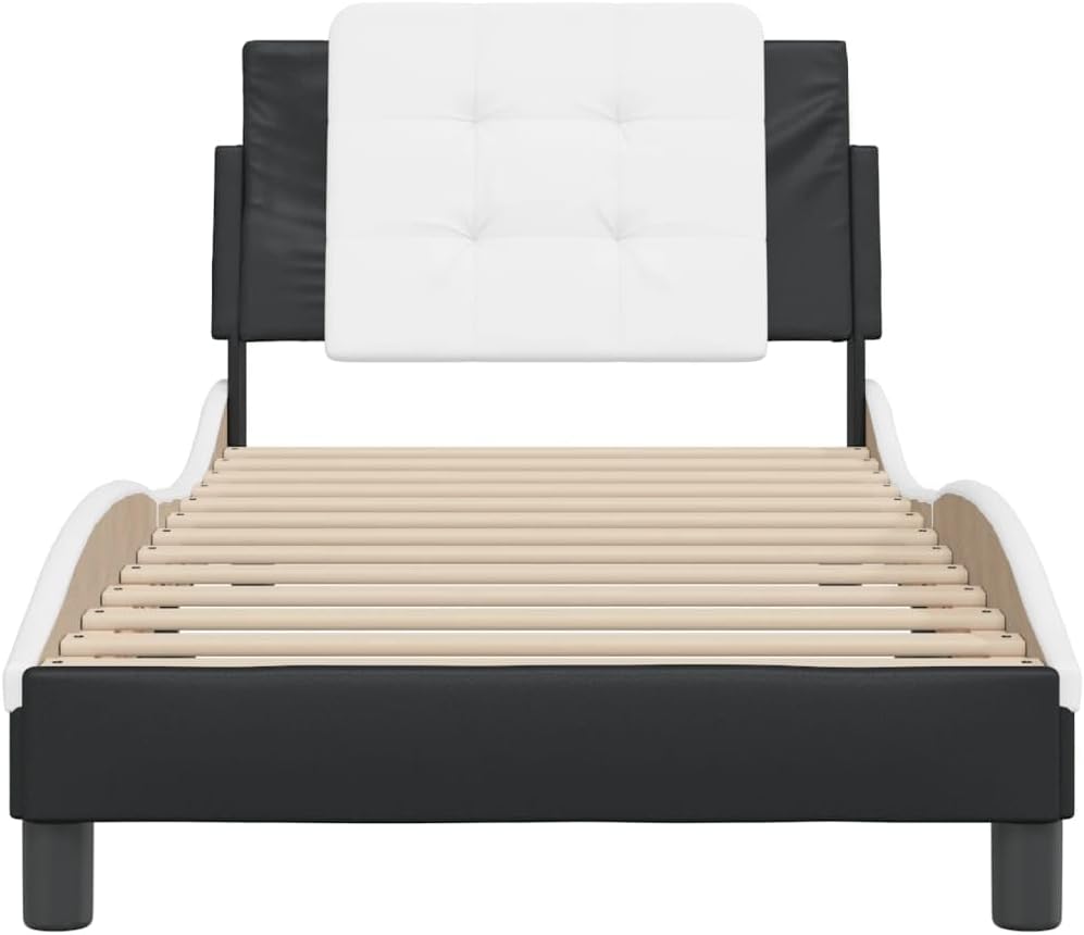 Twin XL Bed Frame with Headboard Black and White Faux Leather Platform Bed Frame for Bedroom Sturdy Upholstered Bedframe with Waved Side Design and Foam Pillow Support