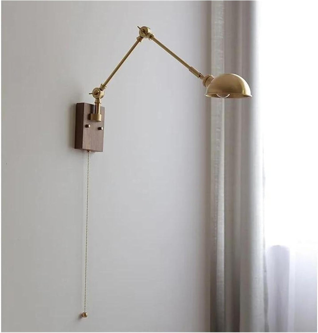 Wall Sconces, Pull Chain Switch LED Wall Light Fixtures Copper Long Arm Walnut Home Indoor Lighting Nordic Modern Wandlamp Luminaria(B)