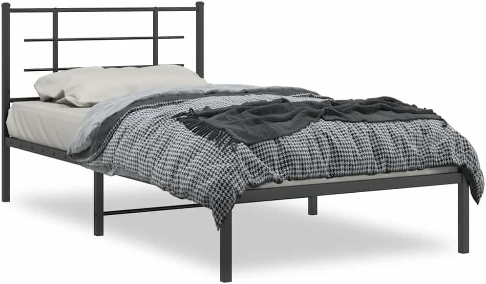 Black Powder-Coated Steel Twin Modern Bed Frame with Headboard, 4-Piece Sturdy Metal Bed Frame Set for Adults, Space-Saving Storage Design, Durable Construction