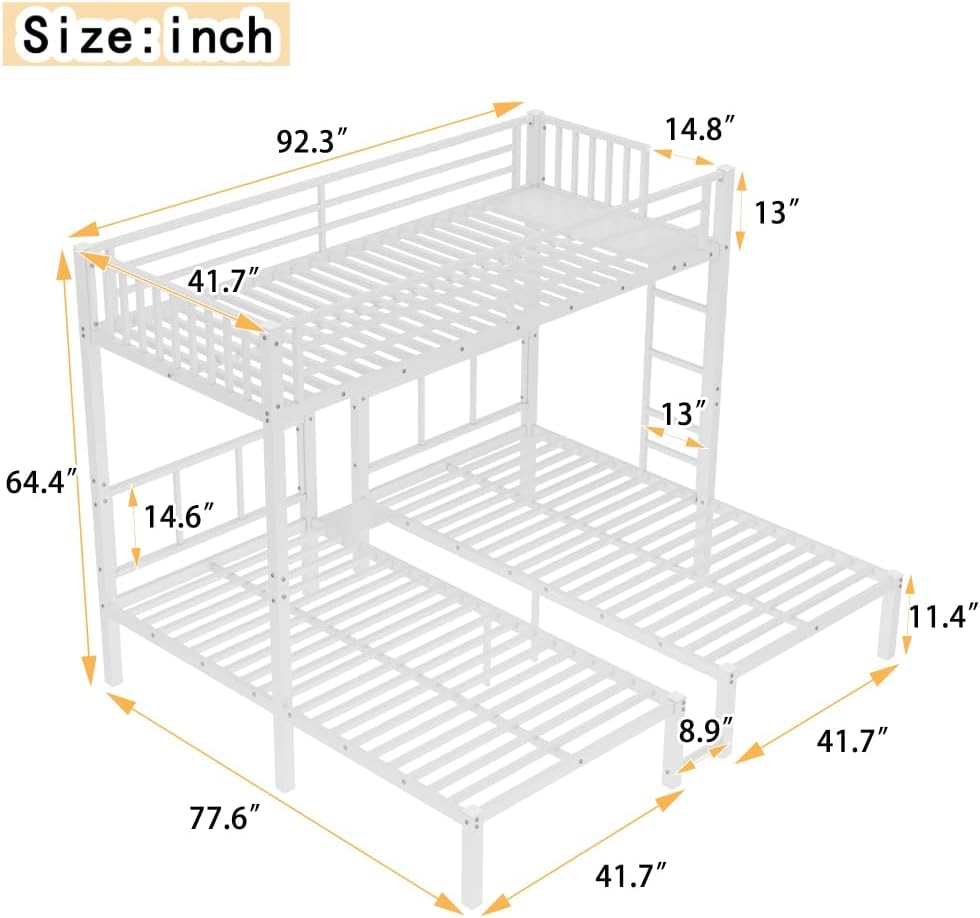 Twin Over Twin & Queen Bunk Bed, with Safety Guardrails,Space-Saving/Noise Reduced,Black (White + Metal)