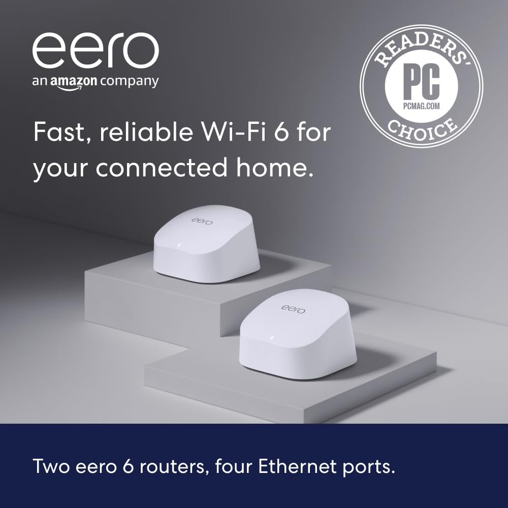 Amazon eero 6 mesh wifi system - Supports internet plans up to 900 Mbps, Coverage up to 3,000 sq. ft., Connect 75+ devices, 2-pack (2 routers)