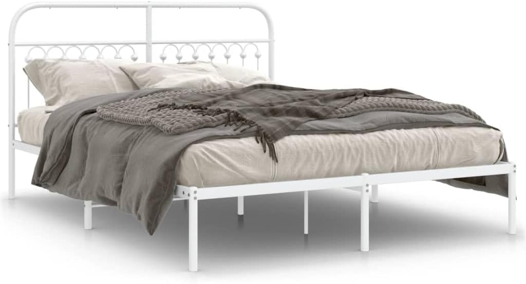 Steel Bed Frame with Headboard White Queen Size 59.1'x78.7' Platform Bed Frame Metal Slats Underbed Storage Space for Bedroom Furniture