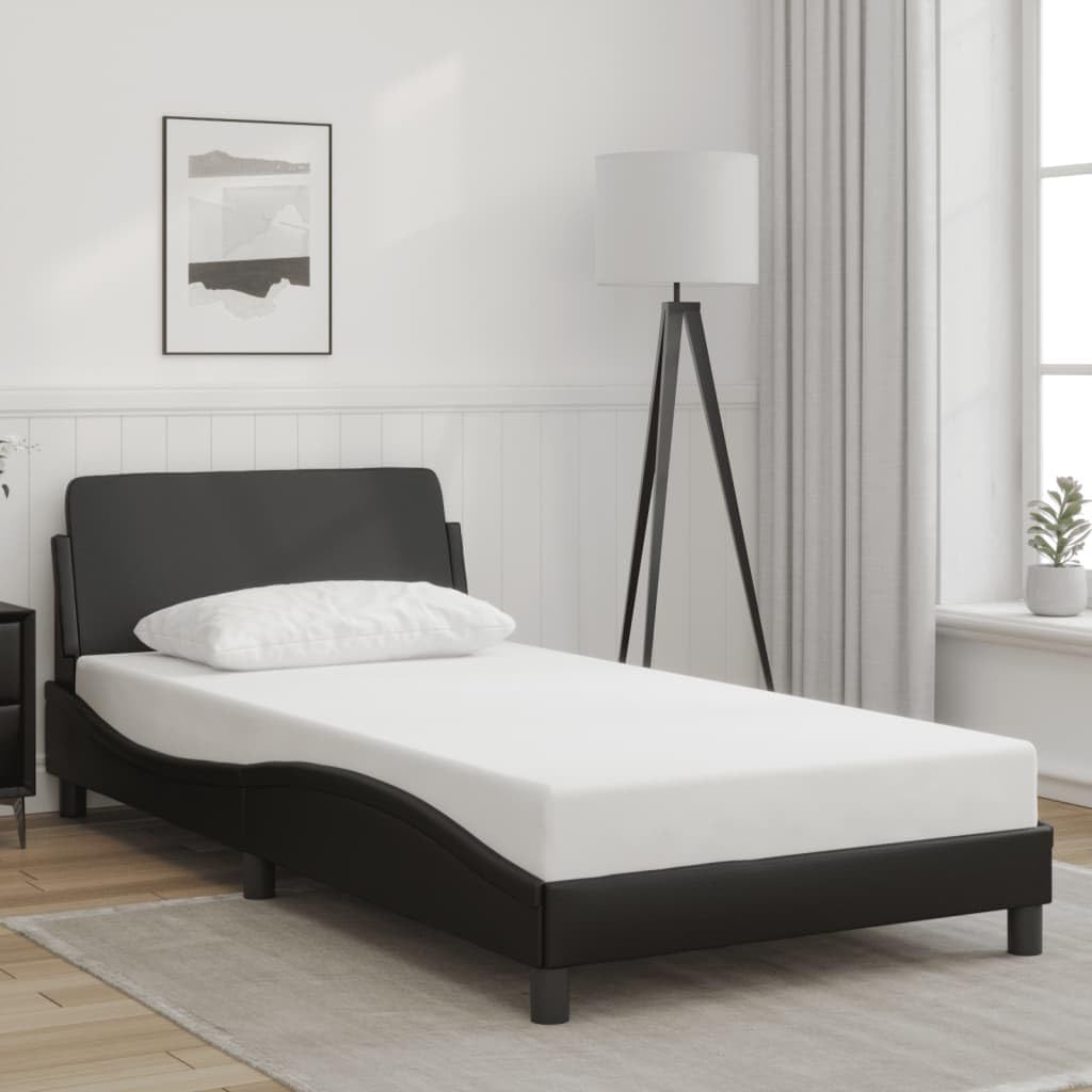 Twin Bed Frame with Headboard 39.4'x74.8' Faux Leather Platform Bed Frame Black Modern Upholstered Bedframe for Bedroom Furniture