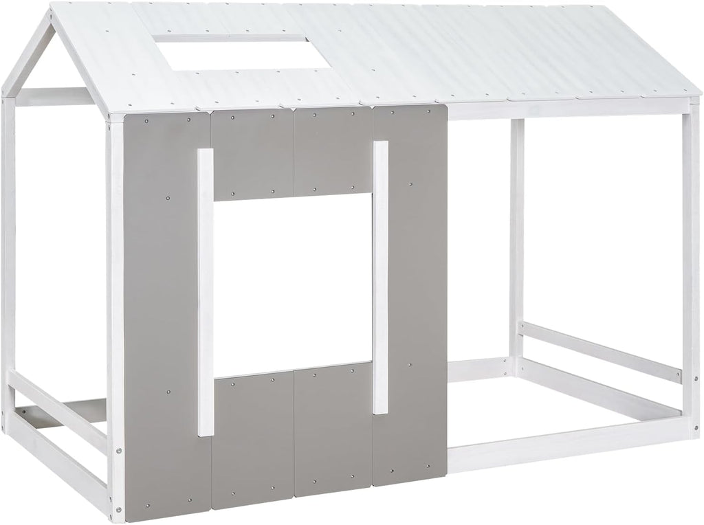 JIVOIT House Platform Bed with Roof and Window, Twin Size Kids House Bed Wood Bed Frame, Low Floor Bed for Toddler Kids Teens Boys Girls (Antique Grey+Antique White)