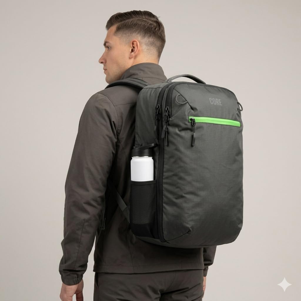 COR Surf Travel Backpack Carry On Backpack for Airplanes - Island Hopper 2.0 - Travel Backpack with Clamshell Design -Black with Green Zipper