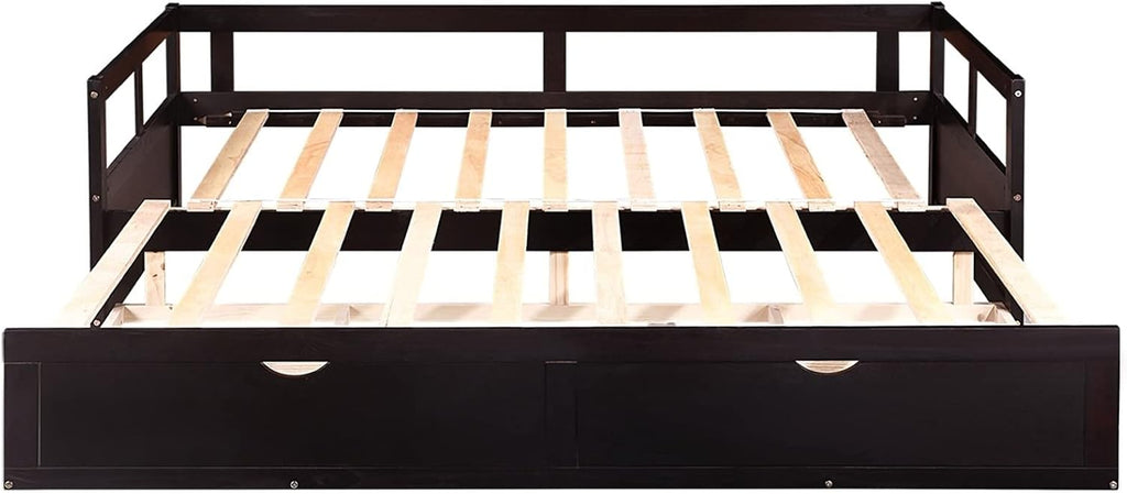 Sofa Bed Twin Size, Minimalist Bed Frame Espresso with 2 Storage Drawers with Solid Wood Slats Daybed for Bedroom Living Room