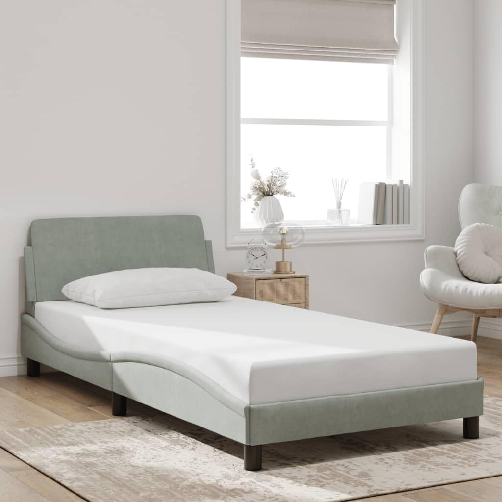 Light Gray Velvet Upholstered Bed Frame Single Size Modern Platform Bed with Ample Storage Space Sturdy Plywood Construction for Bedroom