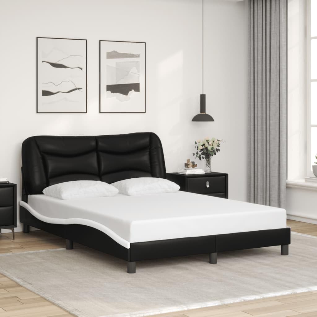 Upholstered Platform Bed Frame with Headboard Black and White Faux Leather Full Size 53.9'x74.8' Modern Wavy Design Sturdy Wood Slats Bedroom Furniture