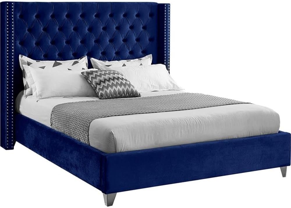 Meridian Furniture Aiden Collection Modern | Contemporary Velvet Upholstered Bed with Deep Button Tufting, Solid Wood Frame, and Custom Chrome Legs, Queen, Navy