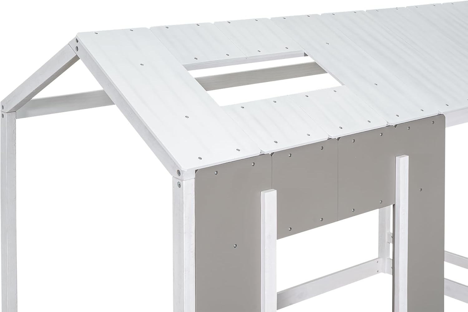 JIVOIT House Platform Bed with Roof and Window, Twin Size Kids House Bed Wood Bed Frame, Low Floor Bed for Toddler Kids Teens Boys Girls (Antique Grey+Antique White)