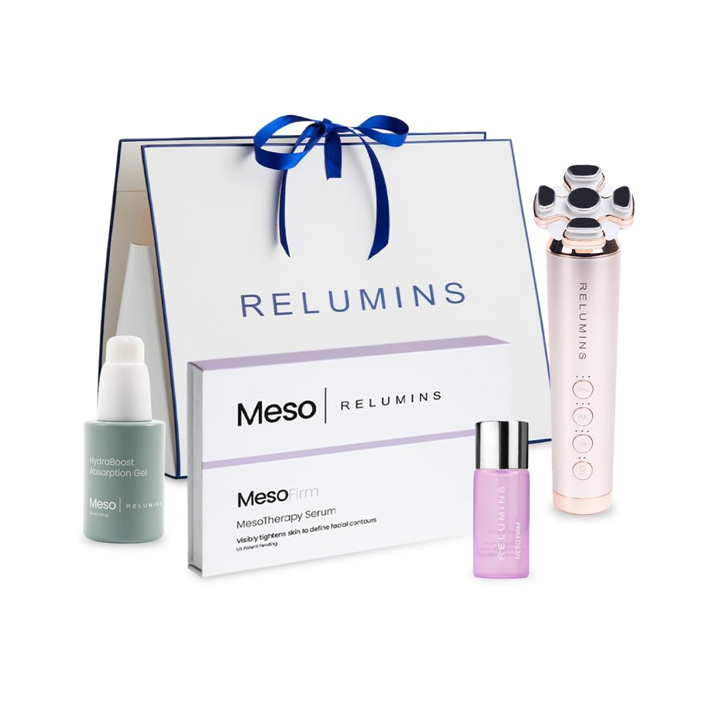 Relumins Ultimate Skin Tightening Complete Set – Five Meso Firm Serums, RadiantWave Device Facial Massage Tool, & Absorption Gel Hydration Firming Daily Skincare Bundle this Summer Time