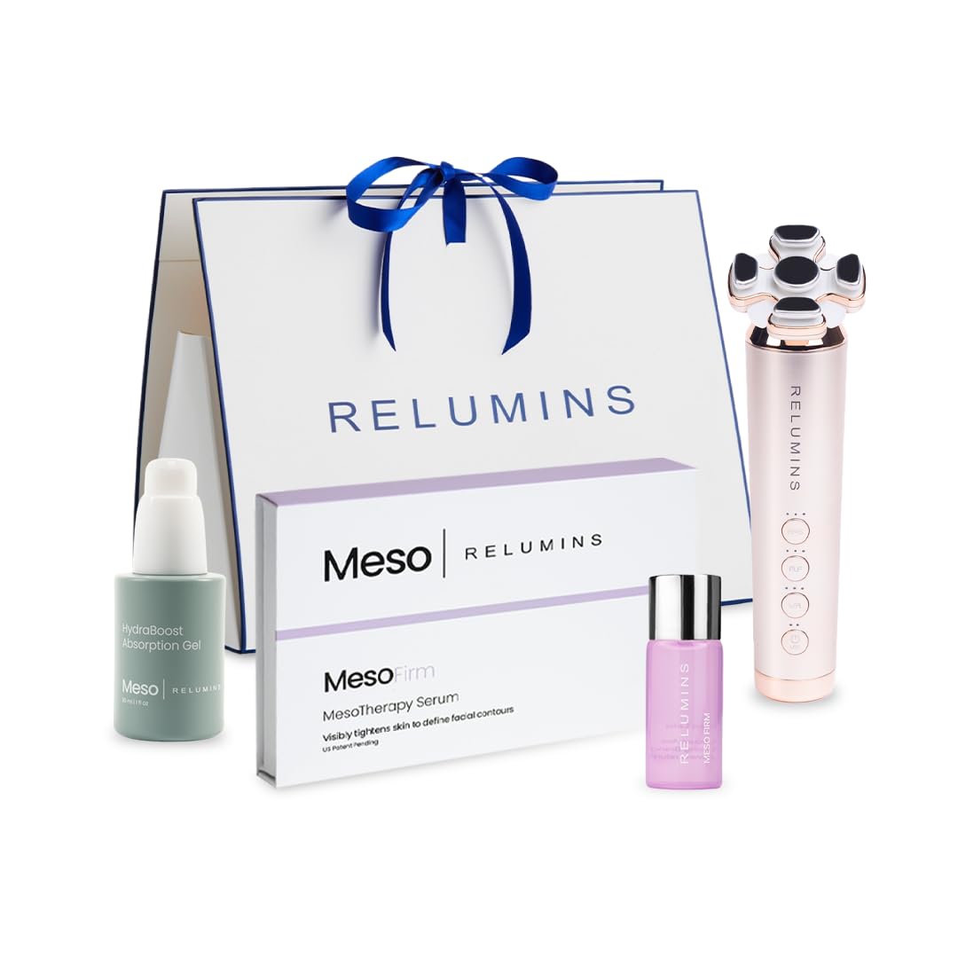 Relumins Ultimate Skin Tightening Complete Set – Five Meso Firm Serums, RadiantWave Device Facial Massage Tool, & Absorption Gel Hydration Firming Daily Skincare Bundle this Summer Time