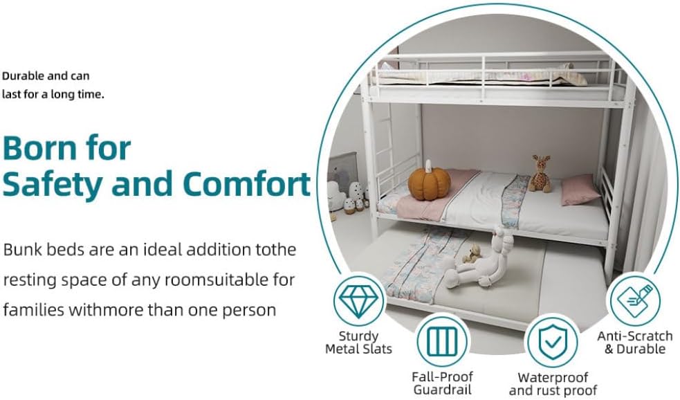 Twin Over Full Metal Bunk Bed, with Ladder & Full-Length Guardrail for Teens Adults, Noise Free (White + Metal + Twin)