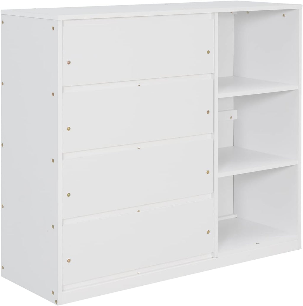 Twin-Over-Twin Size Bunk Bed, Bedroom Furniture Pine Wood Bed Frame with Storage Drawers and Open Shelves, Drawers and Shelves Set Can Be Moved, for Kids & Teens (White)