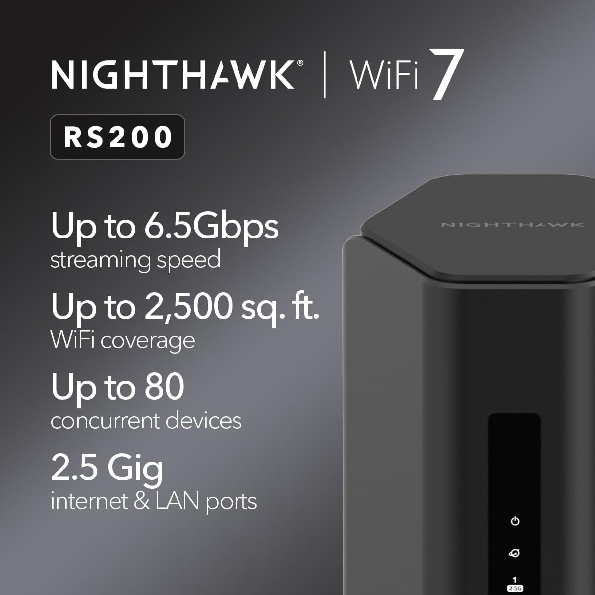 NETGEAR Nighthawk Dual-Band WiFi 7 Router (RS200) – Security Features, BE6500 Wireless Speed (up to 6.5Gbps) - Covers up to 2,500 sq. ft., 80 Devices – 2.5 Gig Internet Port (Renewed)