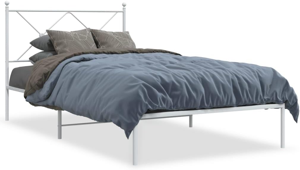 White Powder-Coated Steel Single Bed Frame with Headboard Durable Metal Bed Frame for Bedroom Guest Room Modern Design Easy Clean Surface
