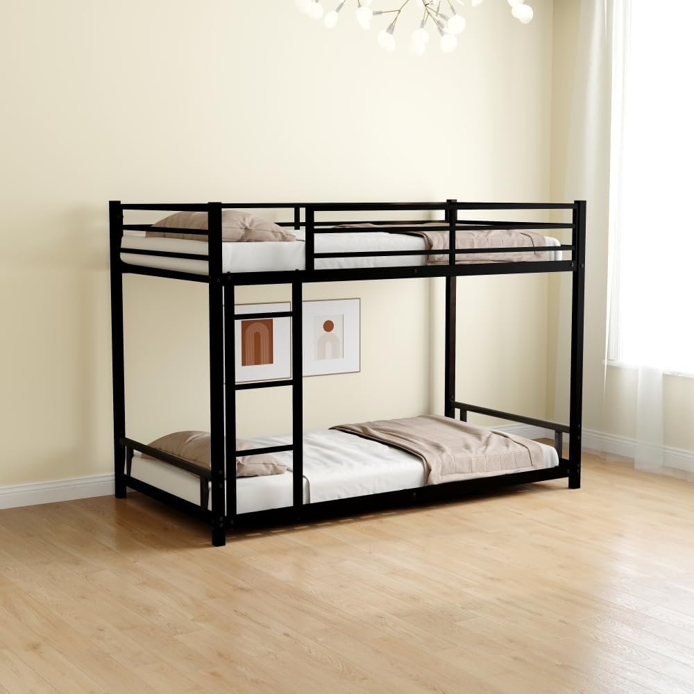 Twin Over Full Metal Bunk Bed, with Ladder & Full-Length Guardrail for Teens Adults, Noise Free (Black + Metal + Metal)