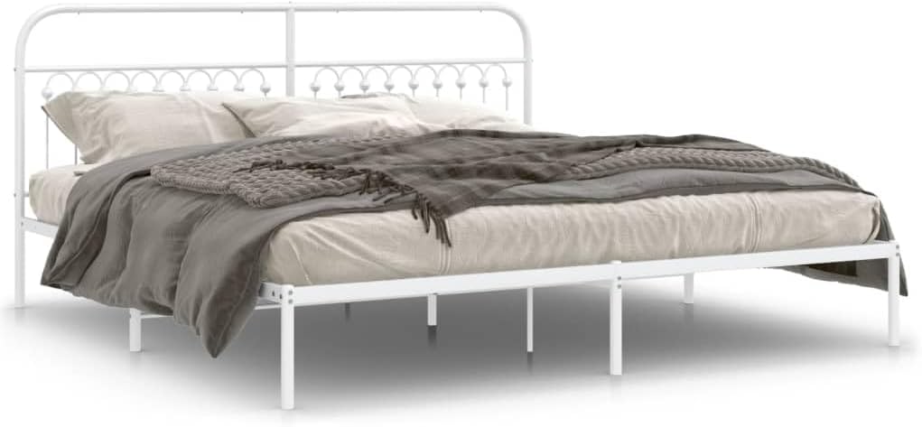 White Steel Full Bed Frame with Headboard, Traditional Rectangular Design, Durable Metal Construction and Easy Assembly for Bedroom, 4-Piece Set