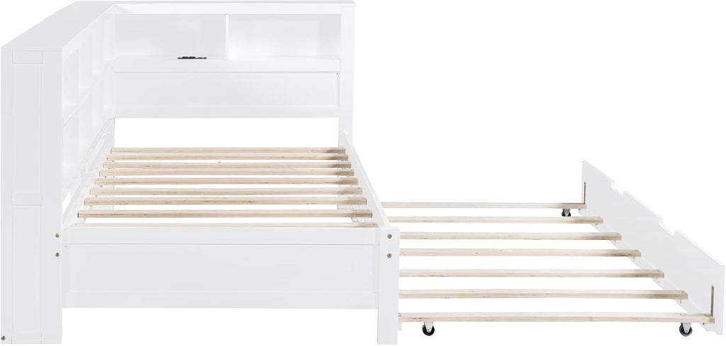 Modern Twin Size Daybed with Trundle, Solid Wood Captain Platform Bed with Storage Cabinets and USB Ports, Low Floor Bed for Kids Teens Adult Bedroom, Easy Assembly (White-XX115)