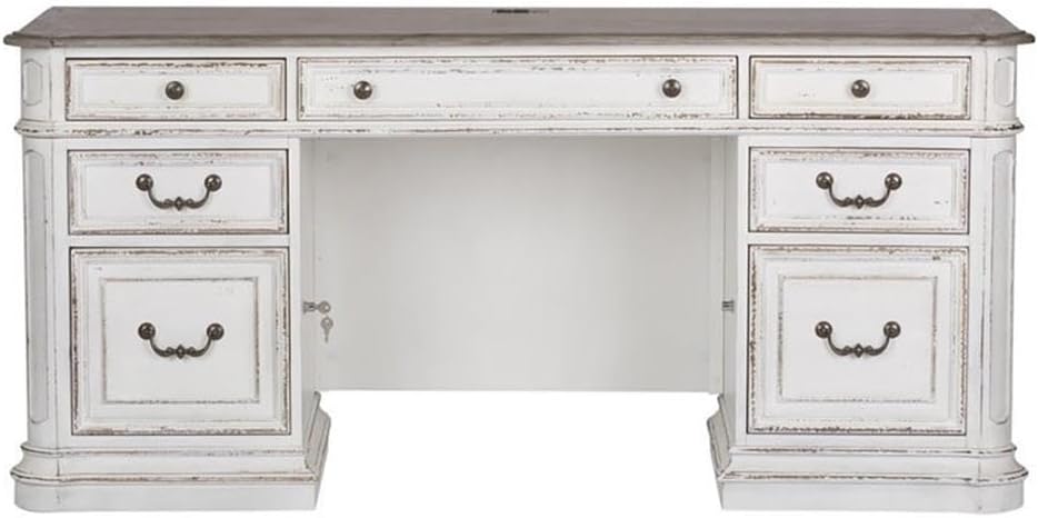Liberty Furniture Magnolia Manor Credenza Desk for Home Office - Antique White & Weathered Bark