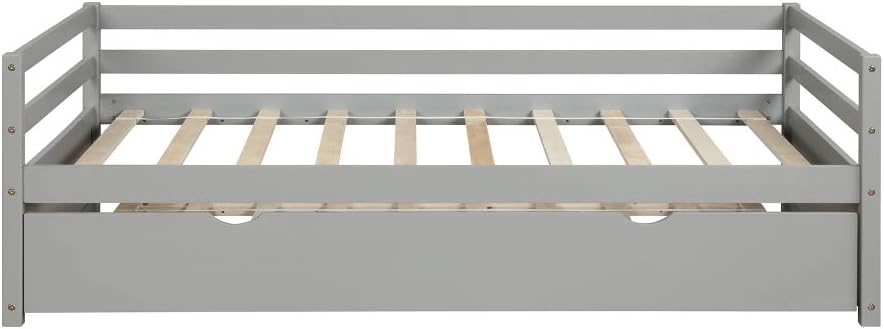 Twin Daybed with Trundle Frame Set in White, Solid Pine Wood Construction for Kids Room or Guest Bedroom (Gray + Pine + Bedroom)