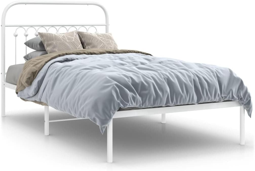White Steel Bed Frame 39.4 x 78.7 in with Headboard, Sturdy Rectangular Metal Frame for Standard Mattress, Easy Assembly, Rust-Resistant Powder Coated Finish, Classic Design