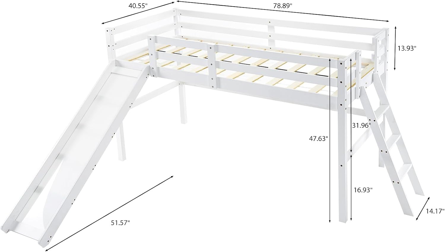VINGLI Loft Bed with Slide, Twin Space Saving Kids Low Loft with Guardrail and Ladder, Pine Wood and Sturdy Single Bed Frame for Boys and Girls, White
