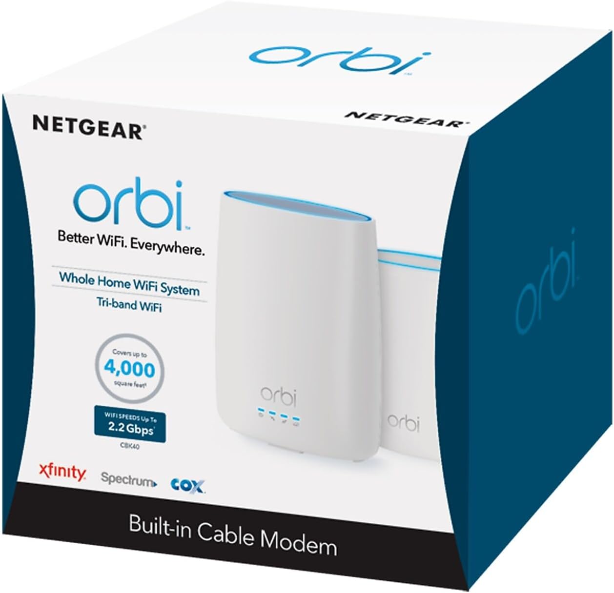 NETGEAR Orbi Built-in-Modem Whole Home Mesh WiFi System with All-in-one Cable Modem and WiFi Router and Single Satellite Extender with speeds up to 2.2 Gbps Over 4,000 sq. feet, AC2200 (CBK40)