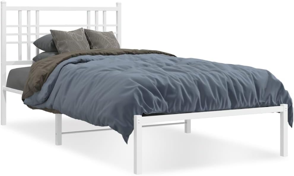 White Powder-Coated Steel Twin Bed Frame with Headboard, Durable Metal Bed Frame for Modern Bedroom, Sturdy Construction and Easy Assembly, 4-Piece Set